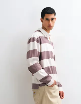 ASOS DESIGN relaxed long sleeve polo shirt with rugby neck in beige stripe