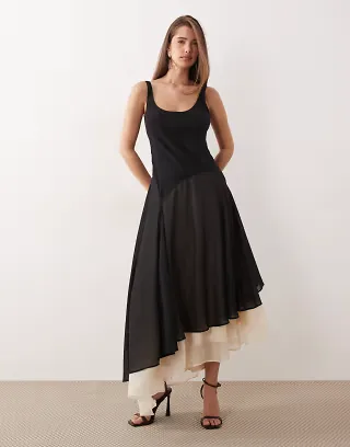 ASOS DESIGN bias cut bodice and full hem skirted dress with double layer in black and cream