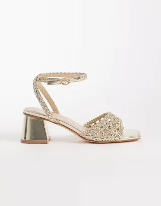 London Rebel Anita block heeled woven sandals in gold