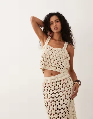 ASOS DESIGN premium hand crochet tank top in cream - part of a set