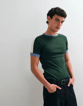 ASOS DESIGN muscle fit raglan ringer t-shirt in dark green and blue rib knit