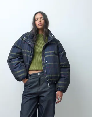 ASOS DESIGN short funnel neck padded jacket in dark check