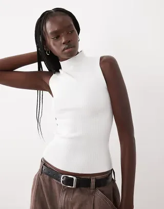 ASOS DESIGN variegated knit ribbed sleeveless funnel neck top in cream