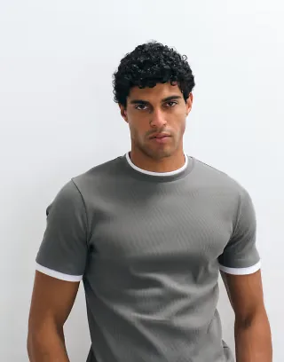ASOS DESIGN slim fit ribbed T-shirt with contrast in gray