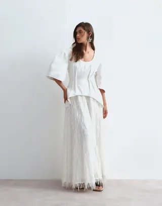 ARRANGE hybrid dome sleeve fringe skirt midaxi dress in white