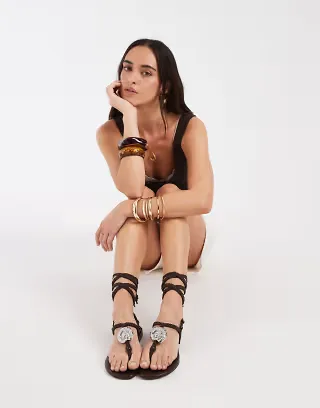 ASOS DESIGN Fernanda rope beaded hardware flat sandals in chocolate