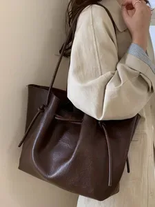 Brown Large Bucket Shoulder Bag, Women's Casual PU Vegan Leather Tote with Chain Strap, Zipper Closure, Polyester Lining