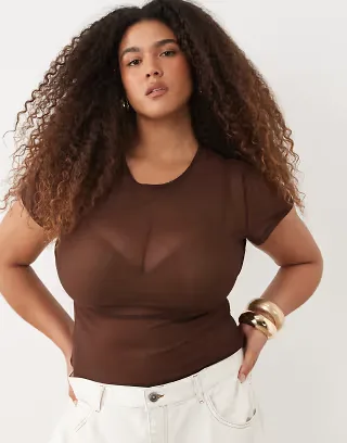 ASOS DESIGN Curve sheer mesh baby tee in chocolate