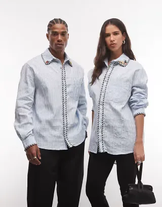 Sister Jane Unisex cotton rich shirt with piping detail in light blue pinstripe