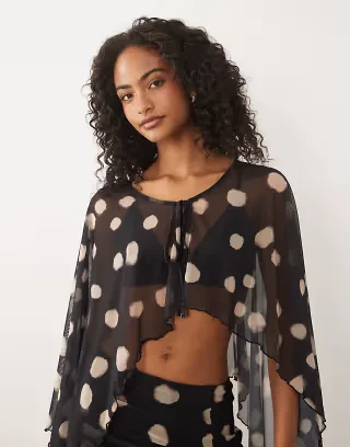ASOS DESIGN printed mesh caped tie front top set in mono dot print