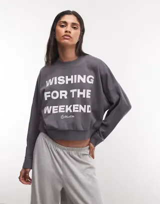 Weekend Collective batwing sweatshirt with Wishing For The Weekend graphic in charcoal