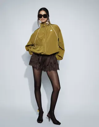 Noughts & Kisses satin tie waist shorts with lace trim in chocolate