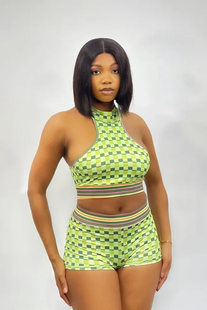 CHECKED SPORTS BRA AND SHORTS