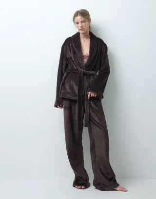 Loungeable cozy wrap tie robe top and pants set in chocolate brown