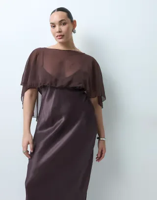 ASOS DESIGN Curve satin cape layer maxi dress in chocolate brown