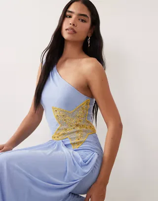 ASOS DESIGN starfish embellished draped mesh maxi dress in blue