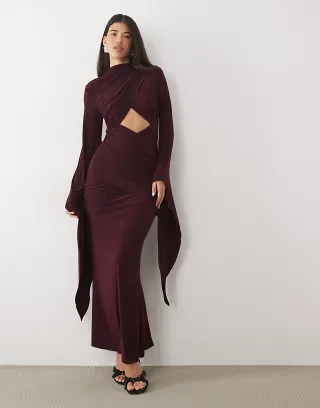 ASOS DESIGN exaggerated sleeve cross neck maxi dress in plum