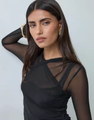 ASOS DESIGN mesh crossover drape long sleeve top in black