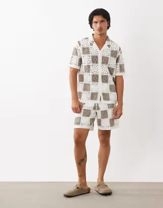 ASOS DESIGN knitted crochet short in sage & ecru