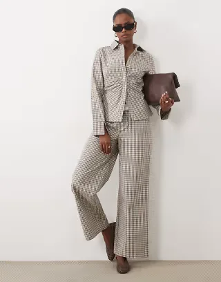 The Frolic exclusive contrast waistband straight leg pants in gray plaid - part of a set