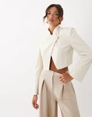 ASOS LUXE cropped boxy jacket with 80s wrap over front opening in cream