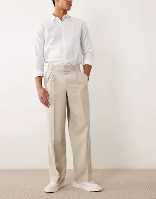 ASOS DESIGN linen mix smart pleated wide leg pants in stone pinstripe