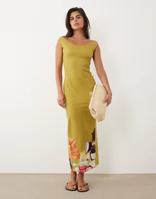 ASOS DESIGN boat neck midi placement print dress