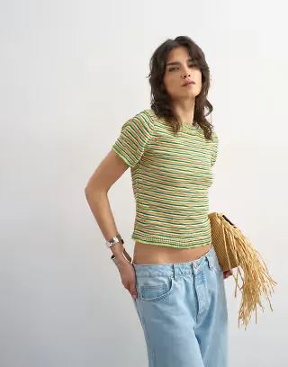 Topshop knit crew neck striped short sleeve top in multi