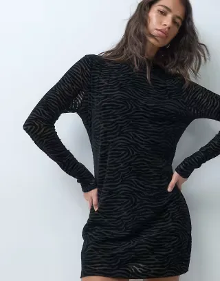 Good American mesh turtleneck long sleeve dress in black
