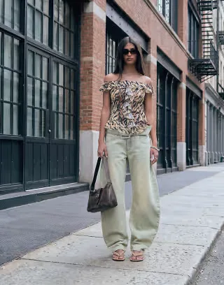 Lioness Dynasty wide belt detail barrel leg jeans in washed camel