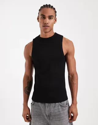 ASOS DESIGN heavyweight muscle fit tank top in black rib