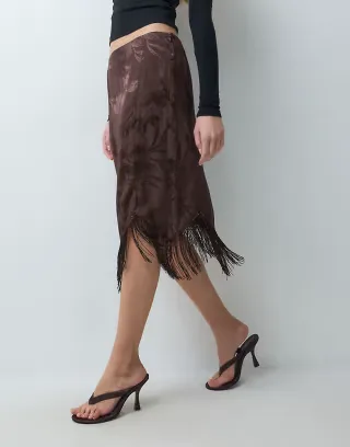 ASOS DESIGN satin jacquard fringe midi skirt