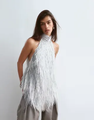 ARRANGE shard sequin hanky hem halter top in silver