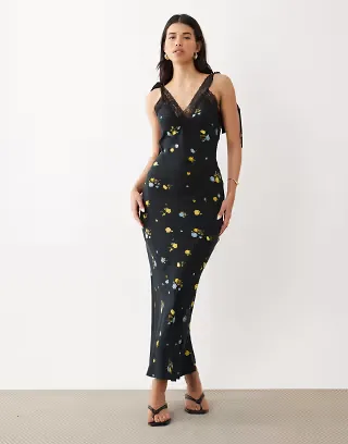 ASOS DESIGN maxi slip dress with lace trim and ties in black floral