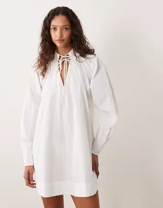 ASOS DESIGN high tie neck poplin mini dress with puff sleeves in white