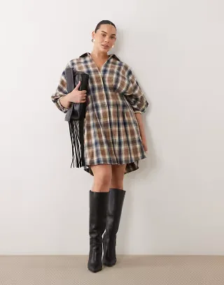 ASOS DESIGN Curve nipped waist mini shirt dress in blue and tan check