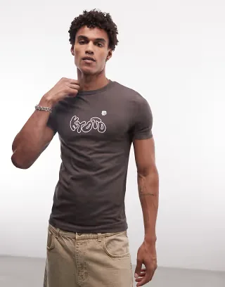 ASOS DESIGN muscle t-shirt with Kyoto bubble chest graphic in brown
