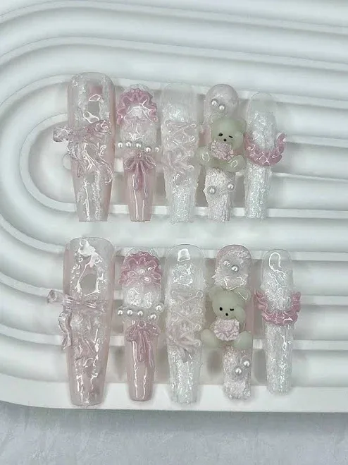 Pink French Tip Press On Acrylic Nails Designs Handmade 3D Sweet Cute Bear Gypsum Bow Pearl Fake Long Lolita Y2K Cartoon