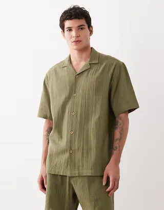 ASOS DESIGN relaxed camp collar shirt with striped jacquard in khaki - part of a set