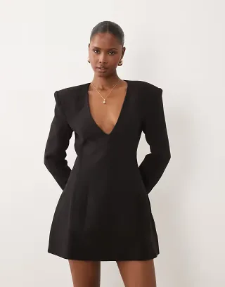 Bardot plunge neck shoulder pad tailored blazer mini dress in black
