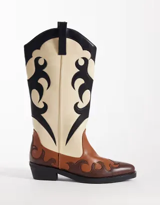 Public Desire Wide Fit Celia western boots in brown and cream