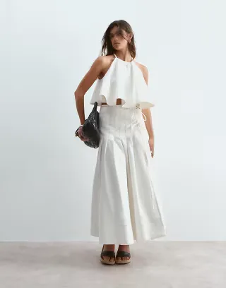 ARRANGE pleated wrap twill midi skirt in white with tobacco stitching - part of a set