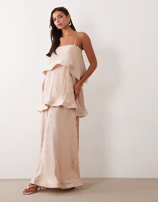 ASOS DESIGN zigzag plisse tiered trapeze maxi dress in champagne