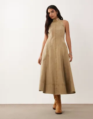 ASOS DESIGN heavy twill funnel neck seamed maxi dress in washed stone