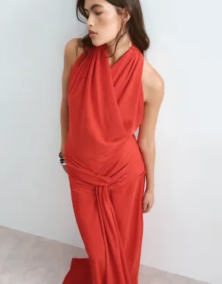 ARRANGE wrap halter maxi dress with draped waist detail in red