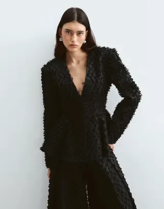 ARRANGE collarless textured tailored cinched waist peplum blazer set in black