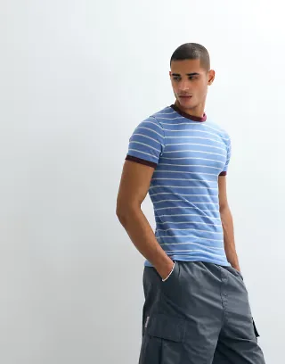ASOS DESIGN textured fabric slim fit ringer t-shirt in blue stripes