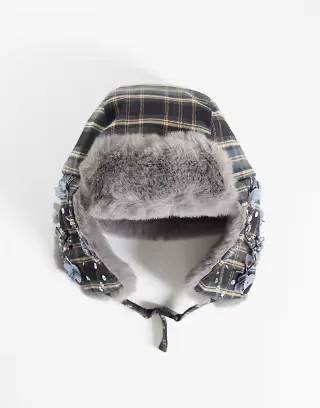 ASOS DESIGN embellished trapper hat in check print with fur