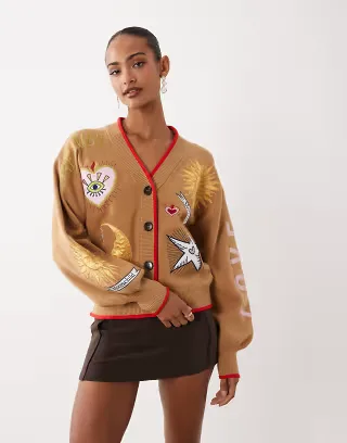 Never Fully Dressed Mystical embroidered contrast edge cardigan in camel