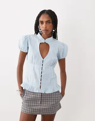 Motel Yamila puff sleeve keyhole blouse in ice blue